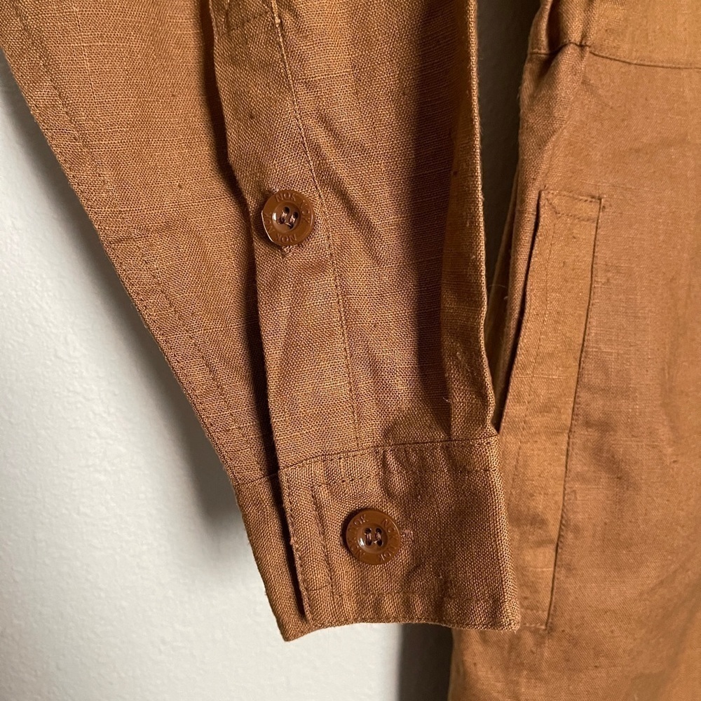 Vintage 80s Linen Safari Shirt Dress Tan Belted Utility Style | Size M | NWT - Picture 4 of 12